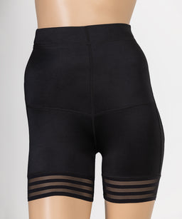 This is a pair of high-waisted black shapewear shorts designed to smooth the midsection and hips. The design features a seamless appearance with a firm, body-hugging fit and sheer striped bands at the hem for a hint of texture. Intended for women, the fabric appears to be a stretchy, opaque blend with mesh-like sheer panels at the lower legs for added style and ventilation.