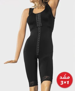 This is a black shapewear bodysuit/jumpsuit for women, styled as a full-body garment with shoulder straps and front vertical panel detailing. It appears designed for a fitted silhouette with a high neck opening and a front hook-and-eye style closure. Notable features include a central panel with metal-like eyelets or detailing, and lace trim at the leg ends, suggesting a combination of smooth fabric with decorative stitching. The audience is women; material looks like stretch knit with satin-like sheen in black.