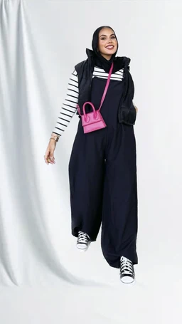 - What the product is: A jumpsuit ensemble featuring wide-leg navy overalls with a black puffer vest layered over a black-and-white striped long-sleeve top. The model also wears a small pink crossbody bag and white sneakers with black detailing. 
- Intended audience: Unisex look that leans toward women or girls due to the pink accessory and fitted striped top; styling suggests a youthful, casual streetwear vibe.
- Notable attributes: Navy high-waisted, wide-leg jumpsuit/pants with a relaxed silhouette; layered over a black puffer vest; striped long-sleeve top underneath; bright pink mini crossbody bag; black-and-white sneakers. Overall style is casual, sporty, and modern streetwear.