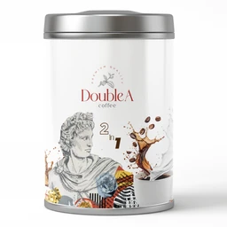 - Product: A cylindrical metal tin with a white body and silver lid, labeled “Double A coffee” and marked “2 in 1” with coffee imagery and a splash of beans.
- Audience and styling: Appears unisex in design, suitable for adults; classic, premium packaging with a mix of illustrative art and coffee imagery suggesting a coffee-instant mix.
- Visible attributes: White canister with a metallic lid; “2 in 1” instant coffee (no sugar) branding; neutral-toned artwork including a statue-like figure and coffee bean graphics; silver base trim.