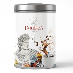 - Product: A cylindrical tin can of “3 in 1 Instant Coffee” with a metal lid and base.
- Audience: Unisex (brand packaging and neutral design; no gender-specific styling).
- Visible attributes: White/clear container with a silver lid, featuring a red “DoubleA coffee” logo and “3 in 1” graphic; illustrated portrait and abstract coffee-related imagery on the label, suggesting instant coffee mix. The overall look is modern and premium with metallic accents.