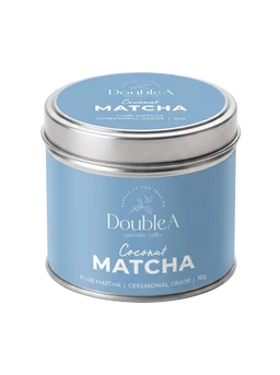 - Product: A small round metal tin of Coconut Ceremonial Matcha with a light blue label and silver lid.
- Audience: Appears unisex; could be suitable for adults who enjoy premium matcha.
- Notable attributes: Light blue packaging, white and silver text, metal screw-top tin; label mentions “Ceremonial Grade” matcha and coconut flavor. Visible branding is generic without logos or brands beyond “Double A.”