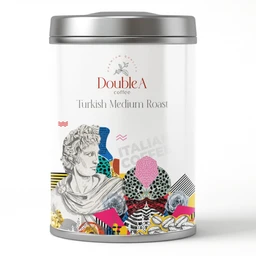 - A cylindrical metal tin with a screw-on silver lid containing Turkish coffee. The label reads “Double A coffee Turkish Medium Roast,” featuring a decorative, collage-style artwork at the bottom with classical sculpture imagery and colorful patterns.
- Audience: unisex (based on neutral design and packaging).
- Notable attributes: white tin with gray lid, medium roast Turkish coffee, collage/artistic branding with monochrome sculpture plus bright geometric accents.