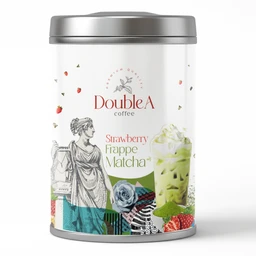- What it is: A cylindrical tea/coffee canister or tin for storing a ready-to-make beverage mix, labeled Strawberry Frappe Matcha from Double A Coffee.
- Intended audience: Unisex (suitable for both men and women) based on neutral packaging and styling; likely targeted to adults who enjoy trendy café-style beverages.
- Visible attributes: White metal tin with a silver lid and base, colorful graphic design featuring a classical statue motif, strawberries, a blue rose, and a matcha/green beverage image. Text includes “Strawberry Frappe Matcha” with red and green accents, and a small “DoubleA coffee” logo. Material appears to be metal with a glossy finish; overall color palette includes white, red, green, blue, and metallic silver.