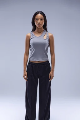 - What it is: A sleeveless grey cut-out top with a long torso, worn by a female model.
- Intended audience: Women's apparel, styled for a slim, athletic fit.
- Visible attributes: Light grey ribbed-knit or smooth fabric, round neckline, unique shoulder cut-outs on both straps, cropped length paired with dark wide-leg pants. The look is minimal and casual, with a soft, neutral grey tone and a modern, sporty silhouette.