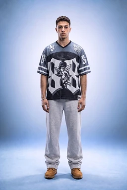 - What the product is: A men's-style graphic knit top with a bold, monochrome print featuring a large central figure and decorative shoulder/ sleeve graphics.
- Apparent audience: Men's or unisex, based on the fit and styling.
- Notable attributes: Dark grey/black and white color scheme; loose, V-neck short-sleeve jersey; oversized graphic artwork across the chest and sleeves; paired with light grey sweatpants and tan moccasin-style shoes in the photo. The overall look is casual loungewear or streetwear.