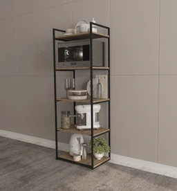 A free-standing metal-framed shelving unit with five wooden shelves. The unit is styled for a contemporary kitchen or utility area, featuring items on display such as a microwave at the top, a kettle and toaster on the middle shelves, and small appliances and plants on the lower shelves. Audience: unisex; appears suitable for a general household audience. Notable attributes: black metal frame, light brown wood shelves, compact vertical design, and neutral color palette.