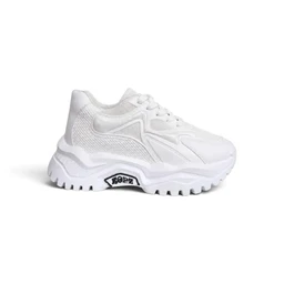 This is a chunky white casual sneaker with a bulky, layered sole and textured side panels. The model appears to be a women's or unisex fit, based on the sleek, low-cut silhouette and styling. Notable features include a thick, ridged rubber outsole, mesh and synthetic upper with stitched overlays, and tonal lacing in all-white.