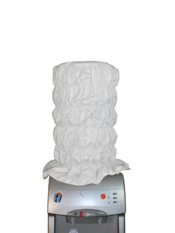 This is a cosmetic or appliance cover, shown draped over a tall bottle or dispenser, likely a decorative Cloud-shaped cover in white. The model appears to be intended for unisex use, with a fluffy, ruched fabric look that mimics cloud puffs. Notable attributes visible: a soft white fabric texture, gathered ruched styling, and a loose, voluminous silhouette designed to fit over a tall dispenser or appliance.