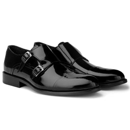 These are black patent-leather double-monk strap dress shoes with two metal buckles and a sleek, glossy finish. The style reads as formal men’s footwear with a refined, polished look suitable for dressy occasions; the glossy patent leather and structured silhouette emphasize a sophisticated, high-shine appearance. Notable attributes include the double-buckle strap design, rounded toe, low stacked heel, and smooth leather upper.