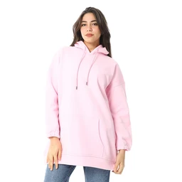 A pink women’s hoodie with a relaxed, oversized fit. It features a kangaroo pocket, a drawstring hood, and ribbed cuffs, with a soft, fleece-like interior visible from the casual silhouette. The color is pastel pink, and the style is a simple, solid-color hoodie suitable for casual wear.