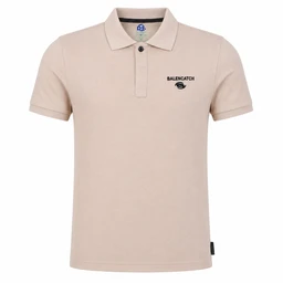 - Product: A beige short-sleeve polo shirt with a polo collar and two-button placket. It features a small black logo text "BALENCATCH" and a circular emblem on the left chest.
- Intended audience: Men (adult male) based on the cut, sizing, and styling of the polo.
- Notable attributes: Light beige color, cotton-like knit polo fabric, short sleeves, classic polo collar with placket, minimalist black branding on the chest, small woven tag at the side hem.