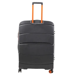 - A medium to large hard-shell rolling suitcase in dark gray/charcoal with bright orange telescoping handle. It features a multi-section exterior with subtle horizontal paneling and integrated side grips, plus four spinner wheels at the base.
- Intended for travelers (unisex appearance inferred from model and styling). Visible materials suggest a polycarbonate or ABS-like hard shell with fabric zipper pulls; color accents are orange and black. Style is modern, utilitarian travel luggage with a compact, spindle-like shape.