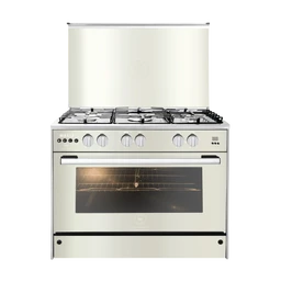- Product: A large freestanding stainless steel gas cooker with a built-in oven and multiple burners, shown with a matching exhaust canopy.
- Audience: Appears unisex; kitchen appliance photographed in a professional, neutral style suitable for adult home cooks.
- Notable attributes visible: Full stainless steel finish, six-burner gas hob with control knobs along the front, a large single oven with a glass door and interior light, a separate storage drawer at the bottom, and a tall back panel/hood. The color is a light metallic silver, with a modern, professional look and ergonomic knob design.