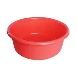 A round plastic basin in a bright red color with a wide rim. Appears unisex and suitable for general household use (kitchen, laundry, or washing). Notable attributes: smooth glossy finish, 55 cm diameter, sturdy shoulder/handles integrated into the rim for easy carrying.