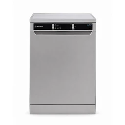A freestanding compact dishwasher with a stainless steel/silver finish. Appears targeted to general household use (unisex) with a simple front-control panel at the top featuring a digital display and selector buttons. Notable attributes visible: 13-kilogram capacity, sleek silver exterior, and a minimalist, modern tall-front design.
