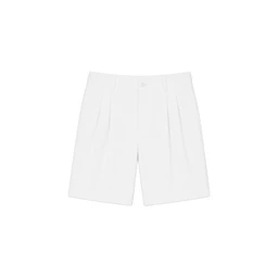 A pair of white linen shorts with a clean, tailored look. Designed for a women’s or unisex audience judging from the relaxed, pleated front and lightweight fabric; features a single button and zip closure, belt loops, and side pockets. Notable attributes: breathable linen in bright white, pleated front for structure, and a mid-thigh length.