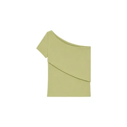The image shows a single-piece upper garment in a light pastel green (matcha) color. It is an asymmetrical, cropped top with an off-shoulder neckline on one side and a short sleeve on the other; a curved overlay detail crosses the front. Appears to be designed for women, with a minimalist, modern style and a soft, structured fabric. Notable attributes: asymmetrical neckline, one short sleeve, cropped length, light olive-green color, layered curved panel. Material not identifiable beyond a smooth, possibly knit or woven fabric.