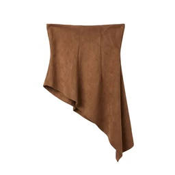 - Description: A brown suede top or cape-like draped garment with an asymmetric, flowing hem. The fabric appears soft and textured, with a mid to dark brown suede finish.
- Audience and styling cues: Appears designed for women, given the draped, elegant silhouette and off-shoulder wrap look.
- Notable attributes: Suede-like material in brown; asymmetrical hemline with a gathered or layered drape, creating a loose, flowy top silhouette. No branding visible.