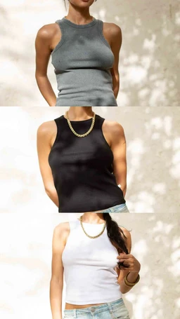 - Product: Pack of 3 sleeveless tank tops with a fitted, cropped silhouette.
- Intended audience: Women (female models and styling indicate unisex-ish but geared toward women).
- Visible attributes: Ribbed knit fabric in three colors (gray, black, white). High, crew neckline, sleeveless with slim fit. Simple solid colors, no visible branding or patterns. Accessories: gold chain shown in two images for styling.