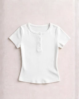 A white ribbed Henley-style short-sleeve shirt. Appears sized for boys or unisex kids, based on cut and proportions, with a round neckline, three-button placket, and a slightly curved hem. Notable details include the subtle ribbed texture and clean, solid color throughout.