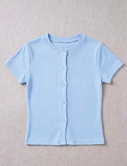 - What the product is: A light blue ribbed cardigan with short sleeves and a button-front opening.
- Apparent audience: Unisex (leaning toward women's or girls based on cut and styling; short-sleeve, slim fit resembles children's/teen ease).
- Notable attributes: Soft baby blue color, fine rib knit texture, round neckline, short-sleeve, front button placket with small matching buttons, cropped length.