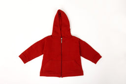 A children’s red hooded zip-up jacket with a front zipper and two large front pockets. The design is simple and sporty, featuring a hood, long sleeves, and a solid bright red color. Visible materials appear to be a soft, puffer-like fabric suitable for kids’ outerwear, with a lightweight, padded look. Audience: kids (unisex styling).