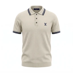 Description: A light-beige knitted polo shirt with a classic polo collar and short sleeves. It features navy contrast trim on the collar and sleeve cuffs, a three-button placket, and a small navy emblem on the left chest. The fit appears to be men’s, with a ribbed hem and a textured knit.

Audience: Men’s.

Materials and style: Knitted fabric with a polo shirt style; beige color, navy trim, and embroidered emblem. Short-sleeve, collared polo with a clean, sporty look.
