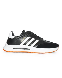 This is a men's sneaker with a low-cut athletic silhouette. It features a black upper with white stripes and a white heel area, accented by a contrasting orange outsole, and a cushioned midsole for comfort. Notable materials appear to include a combination of leather or suede-like panels with synthetic overlays, giving a sleek black-and-white styling with sporty details.