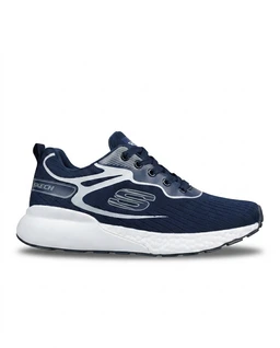 - Product: A men’s athletic running shoe with a lightweight Eva-infused sole. 
- Audience & styling: Designed for men, featuring a navy blue upper with light gray and white accents, low-cut profile, and sporty lacing. 
- Notable materials and attributes: Knit-like mesh upper for breathability, white midsole with a cushioned EVA construction, and a dark outsole for traction; branding elements visible but not named.