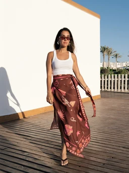 This is a casual, feminine summer outfit featuring a white sleeveless tank top paired with a printed sarong wrap skirt in bronze tones. The model appears to be a woman, styled for warm-weather or resort wear, with large sunglasses and flat sandals for a relaxed, beachy vibe. The wrap skirt showcases a tropical/floral motif in earthy bronze and pink hues, tied at the waist for a flowing, leg-elongating silhouette.