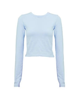 This is a light baby blue long-sleeve top with a cropped length and a fitted silhouette. It appears designed for women or girls, given the slim cut and crew neckline. The fabric looks soft and smooth, likely cotton or a cotton blend, with a solid pale blue color and minimal detailing.