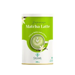 - Product: A canister labeled Japanese Matcha Latte with vanilla flavor (Green nuts brand). The visible design features a bright green upper half and white lower half with an illustration of a latte cup and a latte art heart. 
- Audience and styling: Appears unisex, suitable for adults; the packaging has a clean, modern tea/latte styling with a focus on green tea imagery and smooth typography.
- Notable attributes: Green-and-white color scheme, vanilla-mint style latte image, 200 g weight indication, with a simple, premium canister design. Material appears to be a cylindrical metal or tin container.
