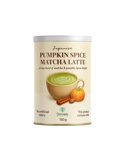 This is a canister of Pumpkin Spice Matcha Latte, a Japanese-style powdered beverage mix. It appears targeted to general/directional adult consumers (no gender-specific styling on the label; product visuals show a latte cup with matcha green and pumpkin accents). Notable visible attributes include a beige-can packaging with a latte cup illustration, a small pumpkin and cinnamon sticks, green latte art, and text suggesting no artificial colors and 150 g contents.