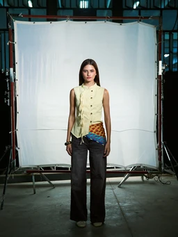 - What the product is: A sleeveless, sculpted-edge waistcoat in a butter yellow color, styled over a sleeveless top and paired with dark wide-leg trousers.
- Apparent audience: Women (based on the model, cut, and styling).
- Notable attributes seen: Butter yellow fabric with a fitted, sculpted edge silhouette; front button closure; high-neck sleeveless design; contrasting patterned pocket or sash in brown and blue tones; worn with dark wide-leg pants. The overall look is casual to semi-formal with a retro-inspired vibe.