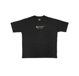 A black oversized short-sleeve T-shirt with a relaxed, boxy fit. It features small graphic text on the chest area and minimal detailing, suitable for a streetwear or casual look. Appears to be unisex with a heavyweight cotton feel and a simple, understated style.