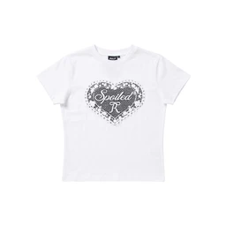 - What it is: A white short-sleeve T-shirt featuring a large, lace-like heart graphic on the chest with “Spoiled” script and decorative detailing.
- Audience and style cues: Juncture suggests a casual, unisex or girl-leaning look due to the heart motif and cropped tee silhouette; likely marketed toward young women or girls.
- Notable attributes: White cotton fabric; black graphic print in a lacy heart shape with decorative flourishes and a scripted wordmark. Simple crew neck, standard fit.