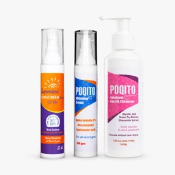 - Product: Skincare trio including sunscreen spray, a whitening cream, and a facial cleanser. 
- Audience: Appears unisex, suitable for all skin types.
- Visible attributes: 
  - Three white bottles with pump/twist cap designs; orange, blue, and pink label accents.
  - Labels indicate SPF 50+ sunscreen, a whitening cream with actives (e.g., Niacinamide, Hyaluronic acid), and a facial cleanser with glycolic acid and green tea extract. 
  - Bright, bold branding colors (orange, blue, pink) and pump/spray dispensing mechanisms.