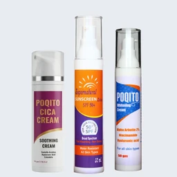 - A trio of skincare spray/cream bottles arranged side by side. The middle bottle is taller with an orange sun-themed label and SPF 50+, flanked by two shorter white bottles with purple and blue labels.
- Intended audience appears unisex (suitable for all genders), based on neutral styling and generic skincare branding.
- Notable attributes: white plastic containers with pump/spray tops; labels featuring bright colors (orange, purple, blue); SPF 50+ sunscreen and whitening/soothing cream themes; sizes roughly 30–60 ml. No visible brands beyond generic product names.