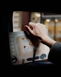 - What it is: A person is holding a magazine or catalog titled “STANDART ISSUE 43.” The view is from inside a car or vehicle window, with the hand partially obscuring the cover.
- Intended audience: Unisex appeal based on the neutral, minimal styling of the hand and sleeve; no strong gender cues.
- Visible attributes: Light, muted tones with a pale cover featuring abstract shapes and text; glossy texture on the magazine cover. The hand appears to be in a dark sleeve, suggesting casual outerwear. No branding visible beyond the magazine title.