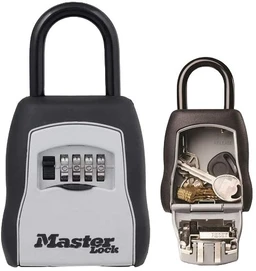 A portable combination lockbox with a U-shaped shackle that opens to reveal a small, numbered keypad on the front for code entry and a keyed interior compartment for extra security. Intended for general use (unisex) with a rugged plastic shell and a two-tone color scheme (dark body with light front panel). Notable attributes include a durable black/gray casing, four-number combination wheels, and a compact interior that can hold keys or small items; front shows the Master Lock branding.