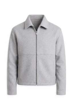 Product is a light to mid-gray zip-front jacket with a soft, textured wool-like exterior. It has a classic point collar, long sleeves, and a straight, slightly boxy cut; the zipper runs center front with a small stand-off at the collar. The visible styling reads as unisex to menswear, with clean lines and minimal detailing. Notable materials and attributes: heather-gray wool or wool-blend fabric, zip closure, and a simple, structured silhouette.