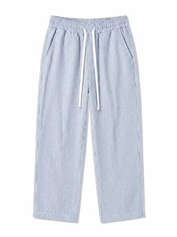 - What it is: A pair of light blue striped pants with an elastic waistband and a white drawstring.
- Intended audience: Adults (unisex appearance leaning toward casual men's or women's wear based on styling); no gender-specific features.
- Notable attributes: Lightweight fabric with vertical white and blue pinstripes, two side pockets, relaxed wide-leg fit, cropped to mid-calf length. Material appears soft and breathable; color primarily light blue with white stripes.