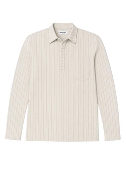 - Product: Pinstripe linen shirt, long-sleeve polo-style collared top with a partial button placket.
- Target audience: Unisex look inferred from simple, neutral design and straight cut; appears suitable for men or women depending on sizing.
- Notable attributes: Lightweight beige/cream linen fabric with thin vertical pinstripes in a darker tone; classic collared shirt with a short placket, long sleeves, and relaxed, minimalist styling.