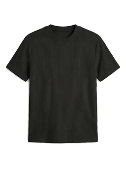 A black ribbed T-shirt with a classic crew neckline and short sleeves. Appears sized for adults, suitable for men or unisex fits, with a textured knit that adds subtle vertical ribbing. The fabric looks soft and medium-weight, in a solid black color for versatile everyday wear.