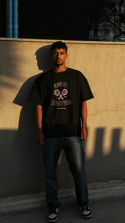 - What the product is: A casual short-sleeve black T-shirt featuring a graphic print on the front.
- Apparent audience: Unisex/adult men (model appears male and wearing the tee in a standard men’s fit).
- Notable attributes visible: Black cotton knit fabric with a pink/purple graphic design showing a skull and crossbones motif and surrounding text; relaxed, standard tee fit; paired with blue jeans and dark sneakers in a streetwear style.