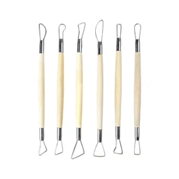 A set of 5 clay cutting tools with light wood handles and metal ends. The tools have varied metal blade shapes for trimming, scoring, and shaping clay, with a small looped or pointed tip on each end, suggesting a dual-ended design. The audience appears unisex, and the visible materials are wood handles and metal blades in neutral tones.