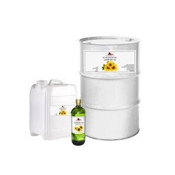 This is a sunflower oil product shown in a large metal drum with a label featuring a sunflower image. The apparent audience is general (unisex), based on the neutral packaging and lack of gender-specific styling. Notable attributes visible: clear light-yellow oil inside a white container setup, with a separate small plastic jerrycan and a green glass bottle labeled with sunflowers for scale.