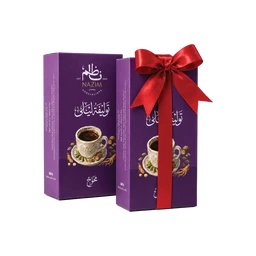 - What the product is: A purple gift box set featuring a small coffee product with a red ribbon, shown alongside its matching outer box. The visible front shows a cup of coffee and coffee beans design.
- Apparent audience: Unisex (suitable for both men and women) inferred from the generic gift presentation and neutral packaging.
- Notable attributes: Dominant purple color with white Arabic text, a red satin bow, and an image of a cup of coffee with beans; packaging suggests fragrant coffee blend or set, with a secondary gift component (100 grams) indicated by the title.