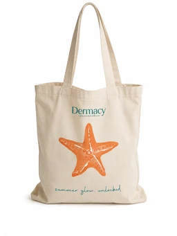 A lightweight beige tote bag with two long shoulder straps. It features an orange starfish graphic on the front and turquoise text, suggesting a seaside, summer vibe; the material appears to be canvas or cotton. The design is casual and unisex, suitable for everyday use.